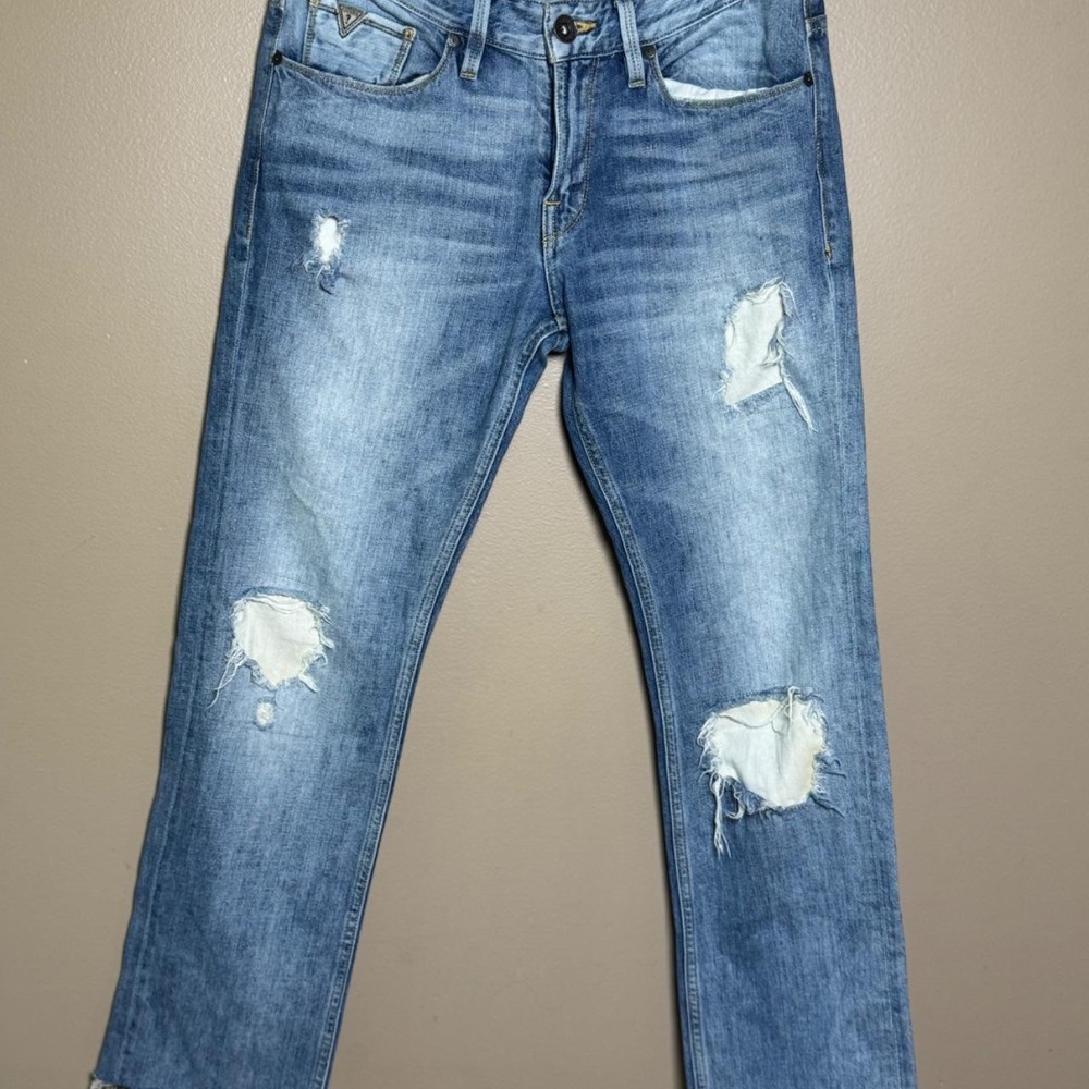 Guess Womens Slim Straight Cropped Distressed Jeans Medium Wash Blue Size 30